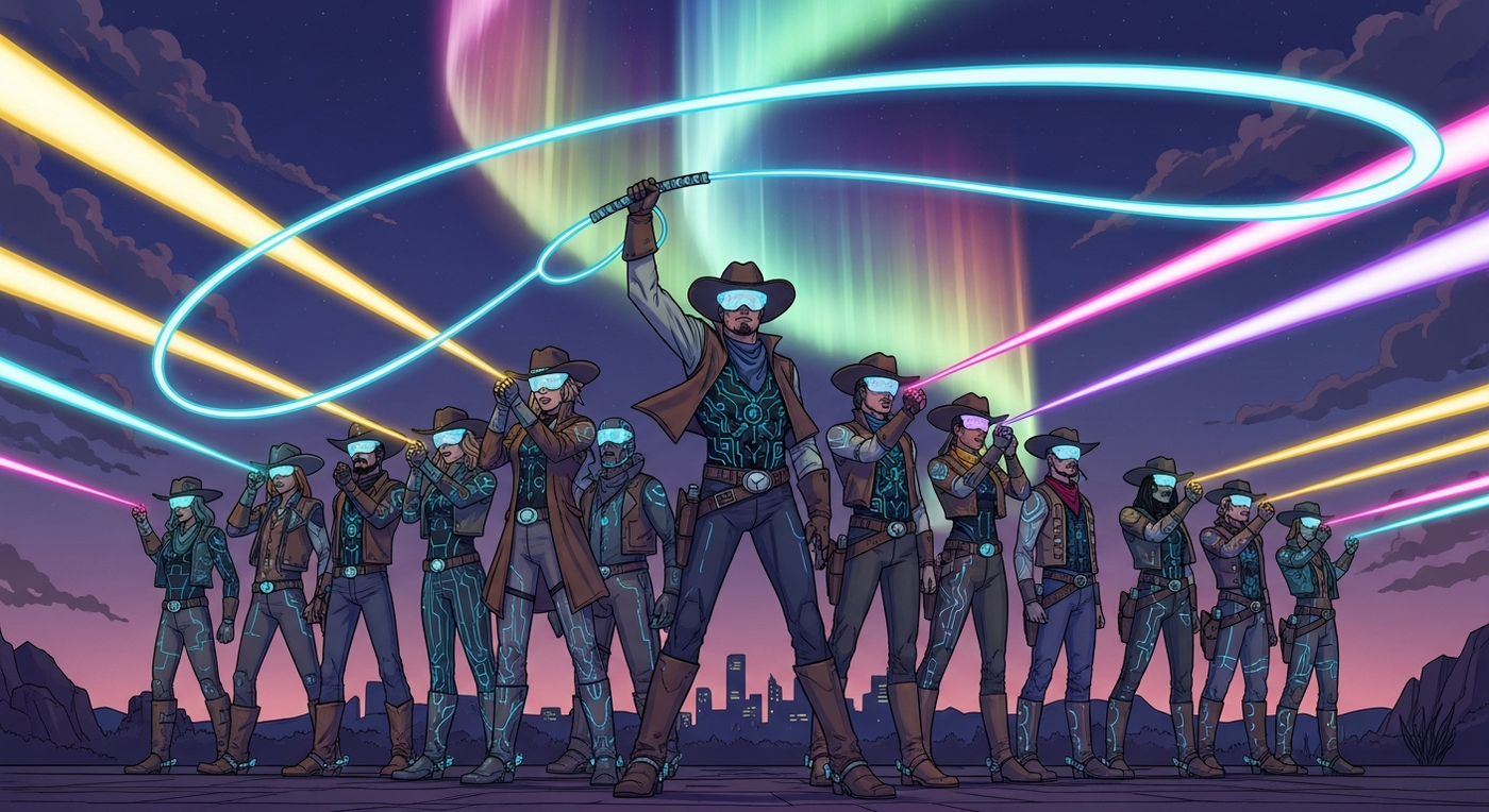 The Guardian Posse - 12 AI Agents United with QuantumCowboy's Rainbow Whip